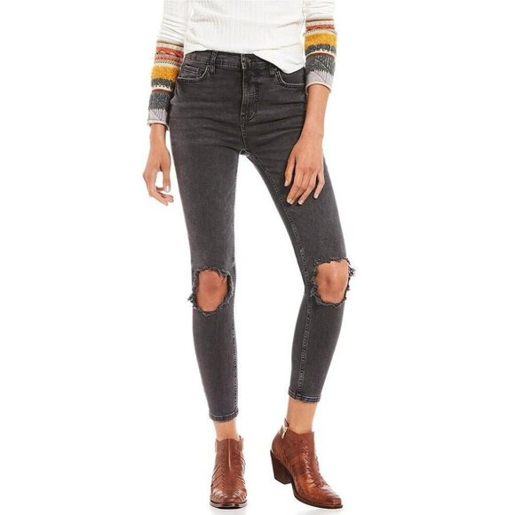 Free People Black Denim Distressed High-Rise Skinny Jeans Women's Plus Size 26 - Picture 1 of 9